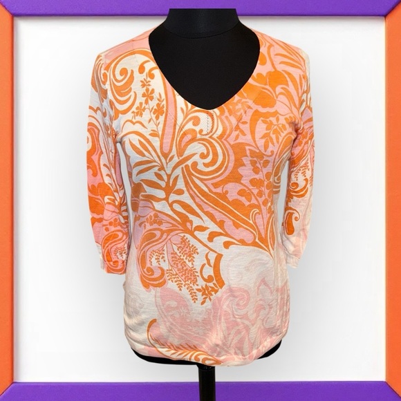 TALBOTS SLUB COTTON V-NECK SWEATER PAISLEY - Women’s M Orange - Picture 2 of 15